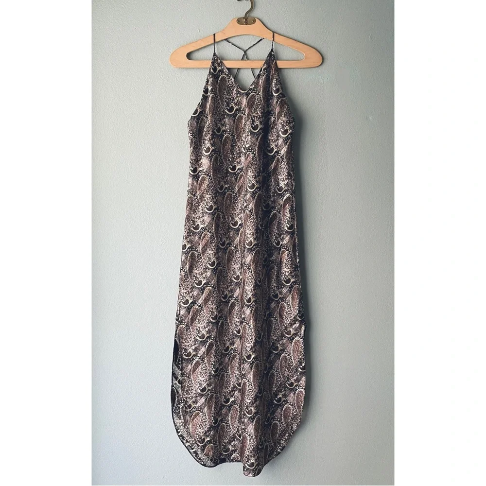 Indulgence | Vintage 70s Rare Paisley Brown Silky Maxi Slip Nightgown Dress - Picture 3 of 14